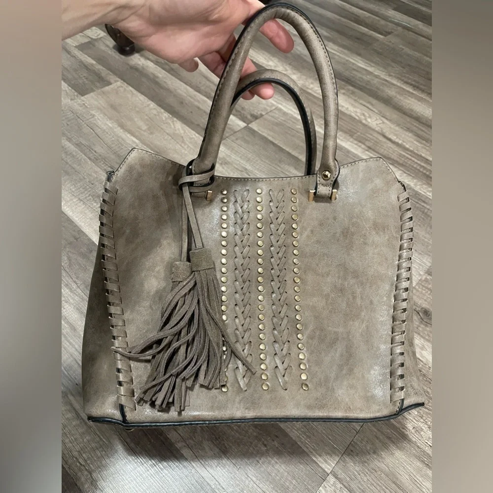 Westerncore nude tan satchel bag embellished fringe cowboy faux leather large - Picture 1 of 11